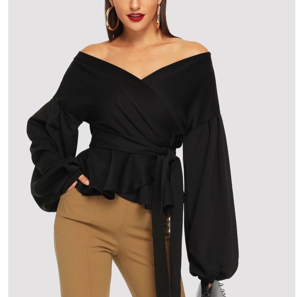 Rouge! Tops - Bishop Sleeve Belt Ties Wrap Peplum Top Black V-Neck